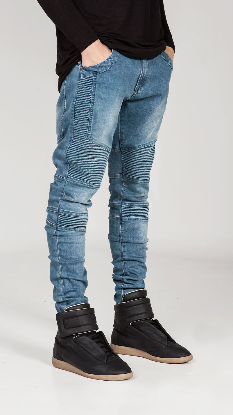 pantaloni da moto alla moda jeans da uomo alla moda con pieghe, jeans elasticizzati a gamba piccola slim fit_voghion.com
