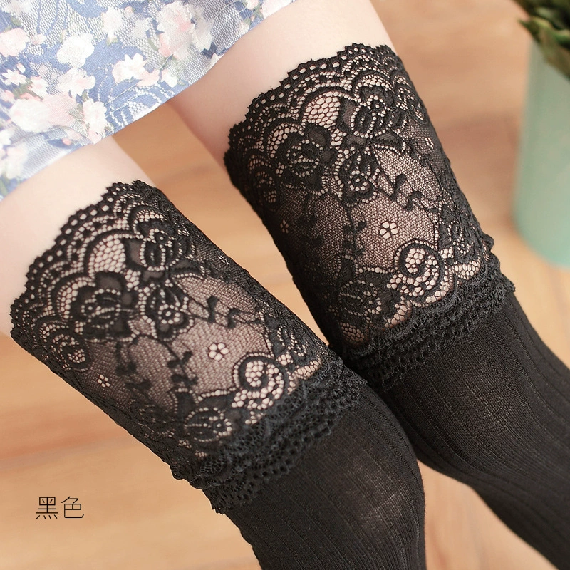 Over-the-Knee Lace-Top Cotton Knee Socks, Japanese Style, One Size, Ribbed Warmth