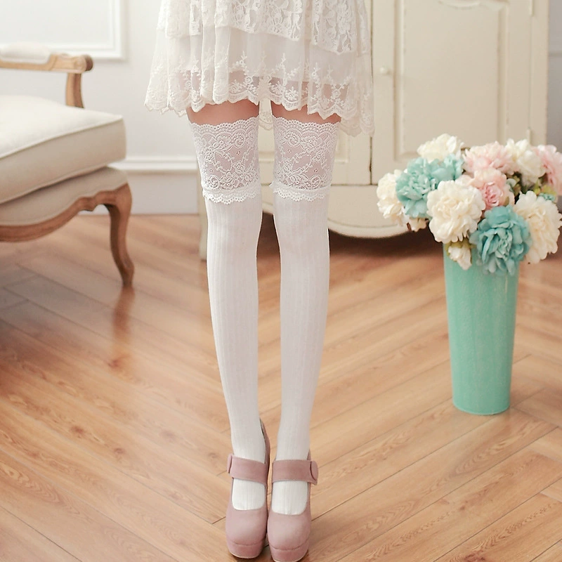 Over-the-Knee Lace-Top Cotton Knee Socks, Japanese Style, One Size, Ribbed Warmth