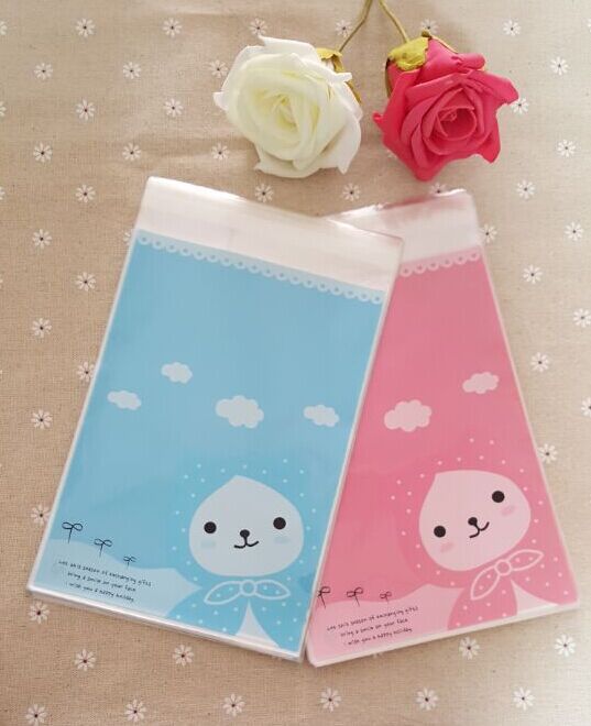超可爱粉蓝头巾熊平口袋/礼品袋/可立式包装袋/糖果袋 14*20+3