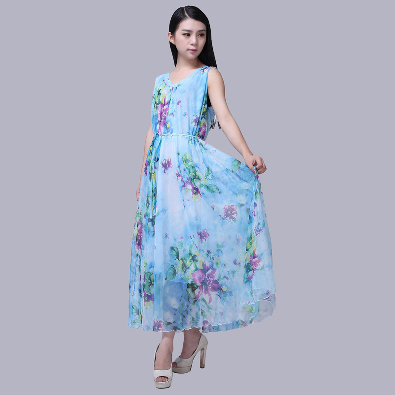 Chiffon Beach Dress Floor Dress Crewneck Vest Long Slimming Women's Bohemian Large Swing Dress