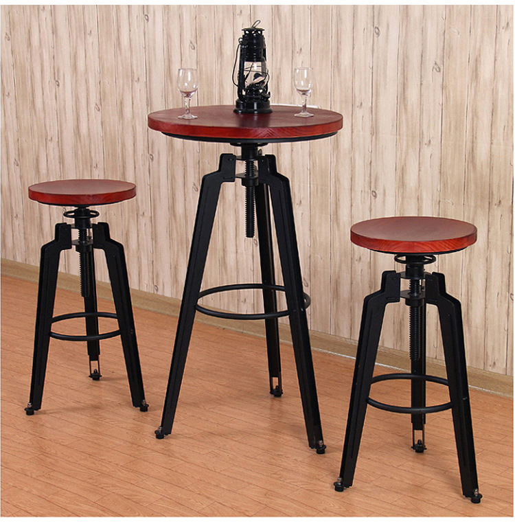 新款欧式复古铁艺实木酒吧餐桌椅 休闲咖啡厅酒吧吧台可升降桌椅