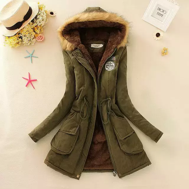 Women's Winter Trench Coat, Velvet Down Jacket, Hooded, Plus Size, Drawstring Waist