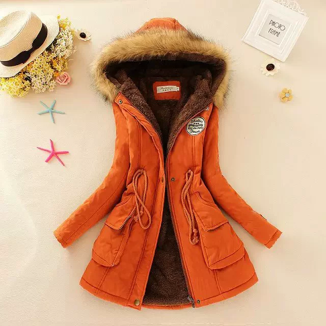 Women's Winter Trench Coat, Velvet Down Jacket, Hooded, Plus Size, Drawstring Waist