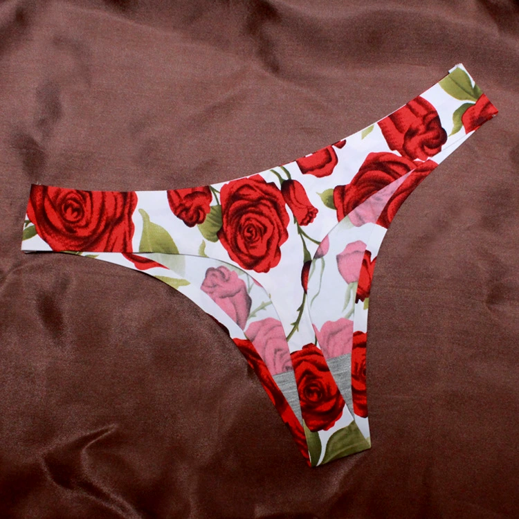 Seamless ice‑silk thong panties, traceless leopard and printed options, sizes M–L