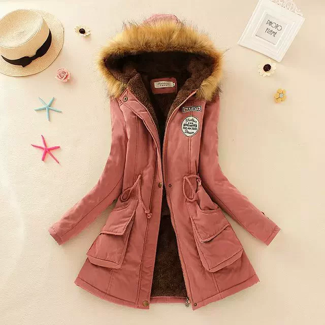 Women's Winter Trench Coat, Velvet Down Jacket, Hooded, Plus Size, Drawstring Waist