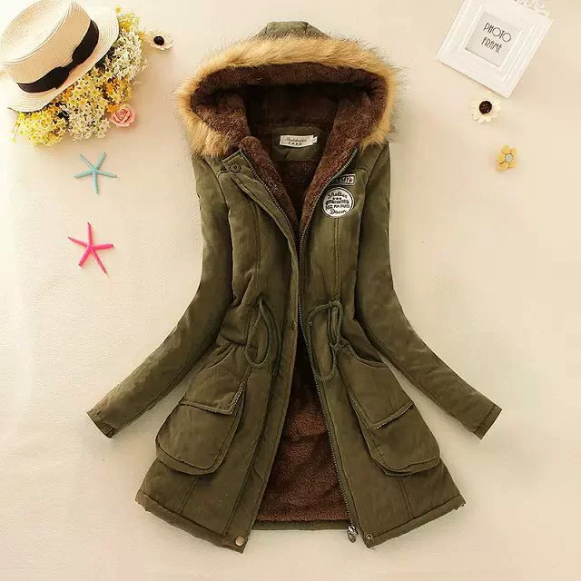Women's Winter Trench Coat, Velvet Down Jacket, Hooded, Plus Size, Drawstring Waist