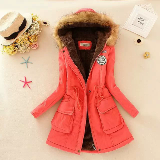 Women's Winter Trench Coat, Velvet Down Jacket, Hooded, Plus Size, Drawstring Waist