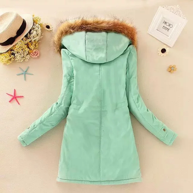 Women's Winter Trench Coat, Velvet Down Jacket, Hooded, Plus Size, Drawstring Waist