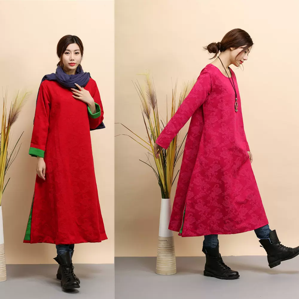 民族风复古新款女装长裙 秋冬提花双层裙开叉圆领长袖连衣裙