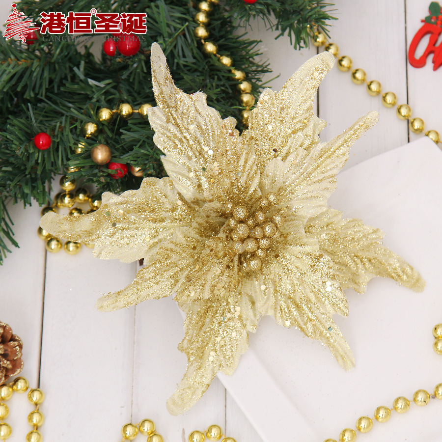 Flor artificial de Navidad 24cm Oro rojo blanco cola de Fénix Flor de Navidad lentejuelas en polvo ceremonia de boda de doble capa Flor decorativa de Navidad