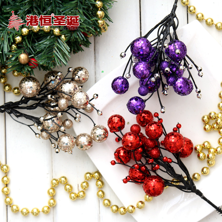 Arreglo de ramas con purpurina dorada de 22 cm, bayas rojas, decoración navideña, accesorios colgantes para árbol de Navidad y corona, venta al por mayor