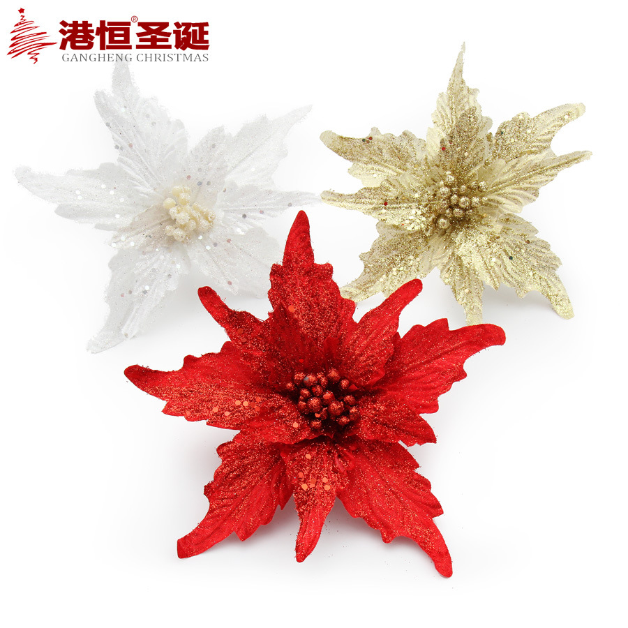 Flor artificial de Navidad 24cm Oro rojo blanco cola de Fénix Flor de Navidad lentejuelas en polvo ceremonia de boda de doble capa Flor decorativa de Navidad