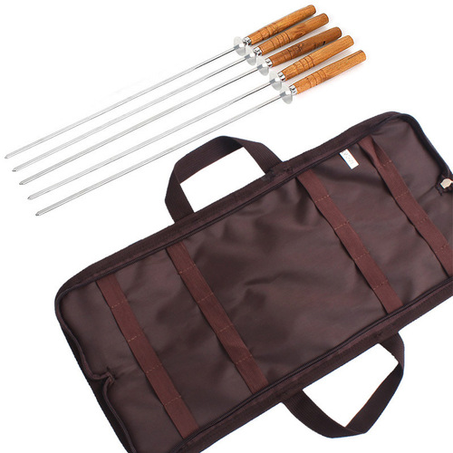 Korean outdoor BBQ stainless steel barbecue needle picnic supplies wooden handle with sliced ​​barbecue fork skewers 5-piece set