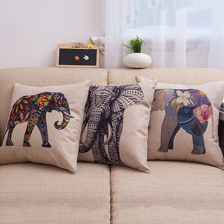 印度风黑白大象蓝眼大象沙发抱枕套办公室客厅飘窗靠枕床头靠垫套