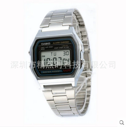 Цифровые часы из акрила (Casio A158WA-1DF) — нержавеющая сталь, LED-дисплей, квадрат 33×33 мм