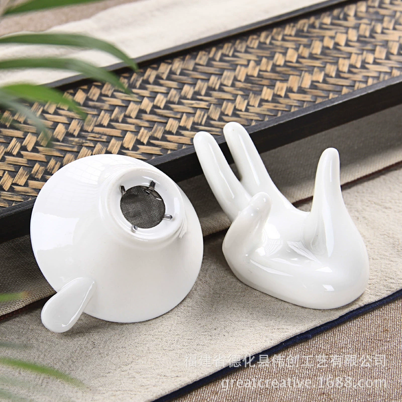 Ceramic Tea Filter (Weinchuang Craft) with Hand-Shaped Holder & Tea Leak Tray, White Dehua Porcelain