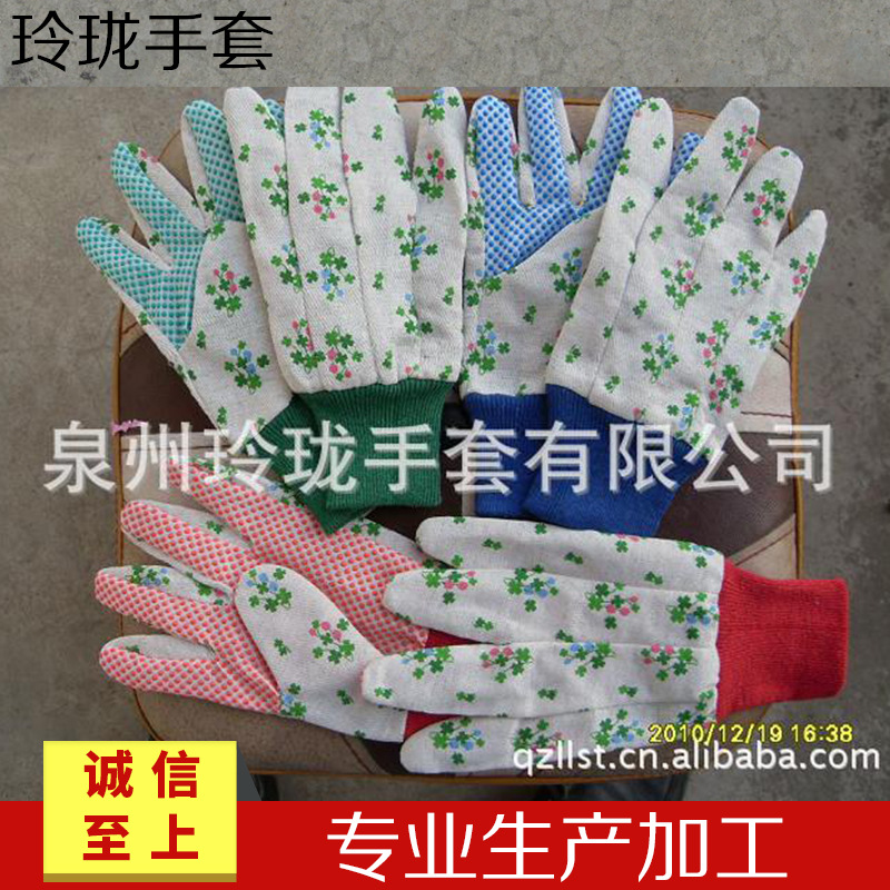 厂家批发LL33精美印花防割防刺花园点塑手套 园艺劳动手套