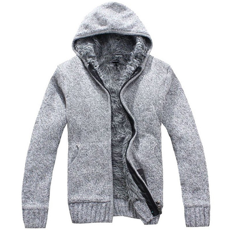 Men's Zipper Fleece-lined Thickened Knitwear Sweater Coat Coat Hooded Foreign Trade Men's Large Size European and American Youth Cardigan