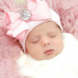 欧美新款大蝴蝶结闪亮钻粉色条纹女宝宝针织帽子新生婴儿套头帽