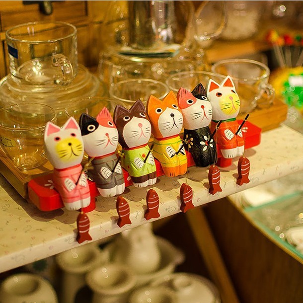 北欧客厅装饰摆件现代简约卡通动物小猫六件套木质摆件家居创意可