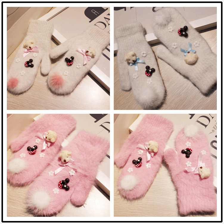 【原创】2019秋冬新款韩国东大门女冬款长兔毛连指手套双层加厚