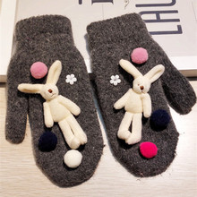 韩国代购东大门韩版卡通可爱diy手工兔毛手套女冬天 双层连指保暖