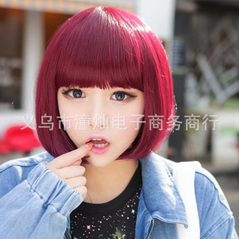 COS酒红色短发女生蓬松齐刘海bobo头修脸实拍米白色波波头假发套