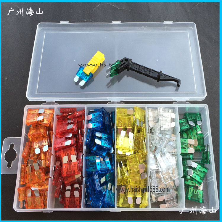 盒装保险丝 6格塑料盒装中型保险片200只 配黄色 黑色保险丝拔钳