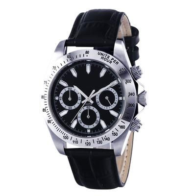 【免费印LOGO】劳款迪通拿风格三眼夜光钢壳真皮表带100米防水男