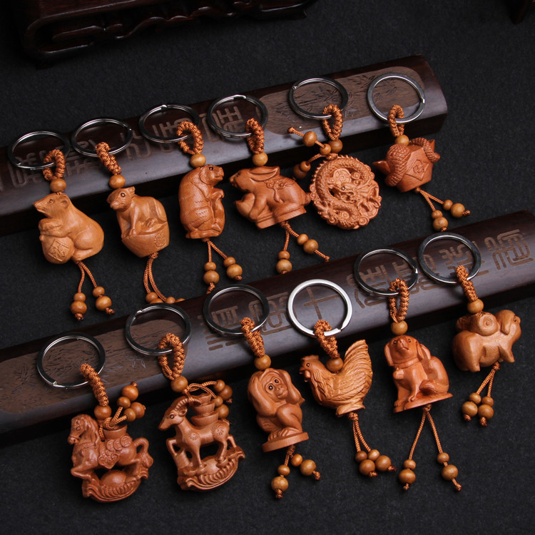 Twelve Zodiac keychain carved peach wood three-dimensional keychain gift pendant stall night market LTK01 Twelve Zodiac keychain carved peach wood three-dimensional keychain gift pendant stall night market LTK01