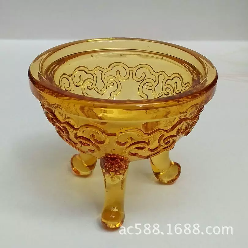 机压琥珀色玻璃香炉工艺品黄色玻璃碗茶色烛台摆件生肖动物
