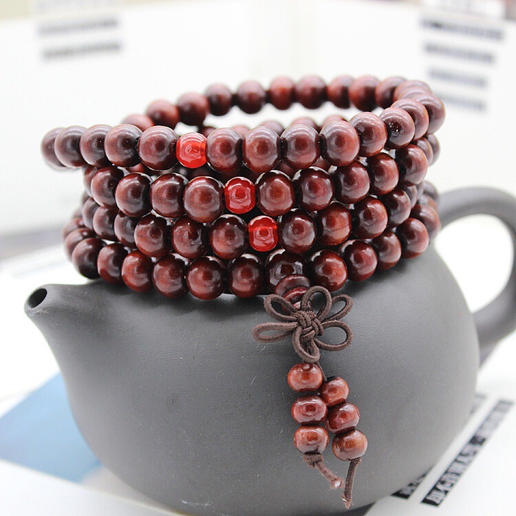 108 Buddha Beads Bracelet Wholesale Street Stall Supply Jewelry Imitation Small Leaf Red Sandalwood Three-Circle Bracelet E-Commerce Live Broadcast Gift