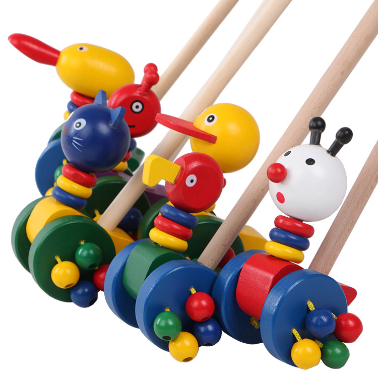 Factory direct children's early education educational toys baby duckling cartoon animal wooden trolley toys