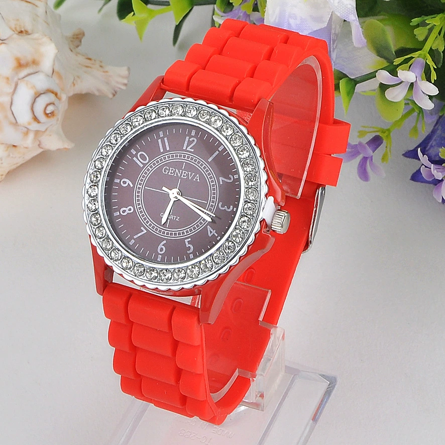 Silicone quartz watch, silicone strap, crystal bezel, multiple colors