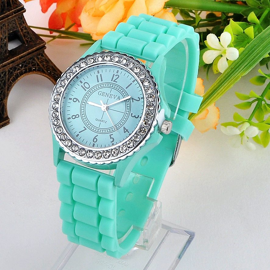 Silicone quartz watch, silicone strap, crystal bezel, multiple colors
