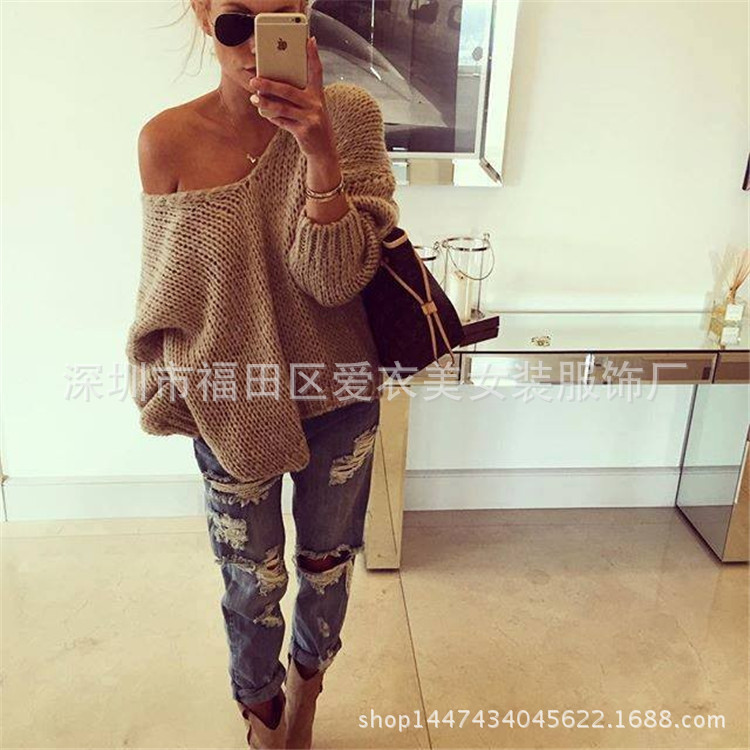 速卖通热卖女装欧美宽松纯色V领套头针织衫短袖露肩长袖毛衣