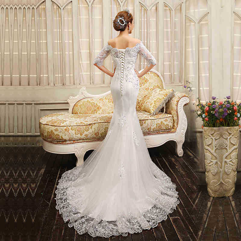 Wholesale White One-Shoulder Collar Wedding Dress 2025 New Korean Style Mid-Sleeve Fishtail Bride Wedding Slimming Look
