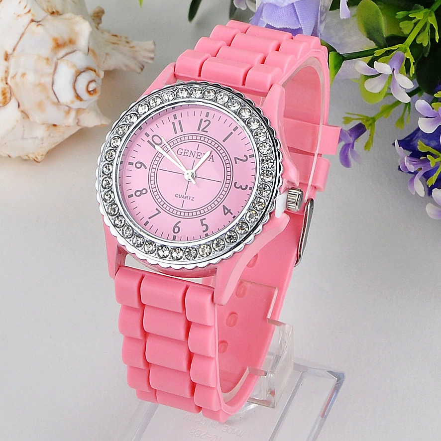 Silicone quartz watch, silicone strap, crystal bezel, multiple colors