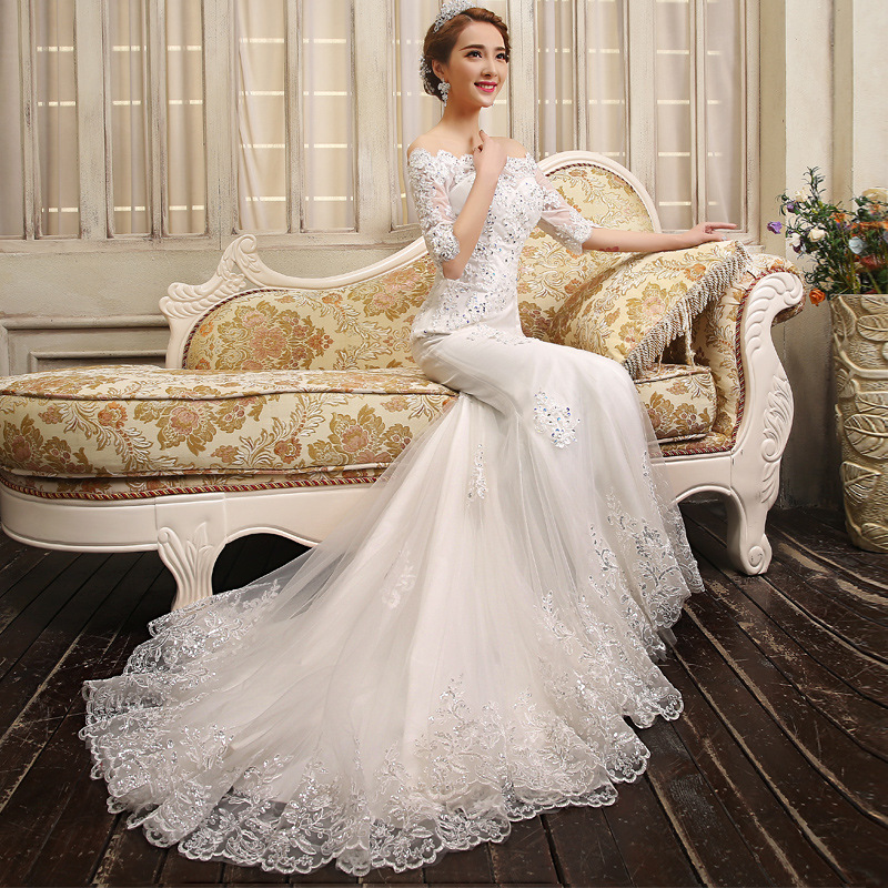 Wholesale White One-Shoulder Collar Wedding Dress 2025 New Korean Style Mid-Sleeve Fishtail Bride Wedding Slimming Look