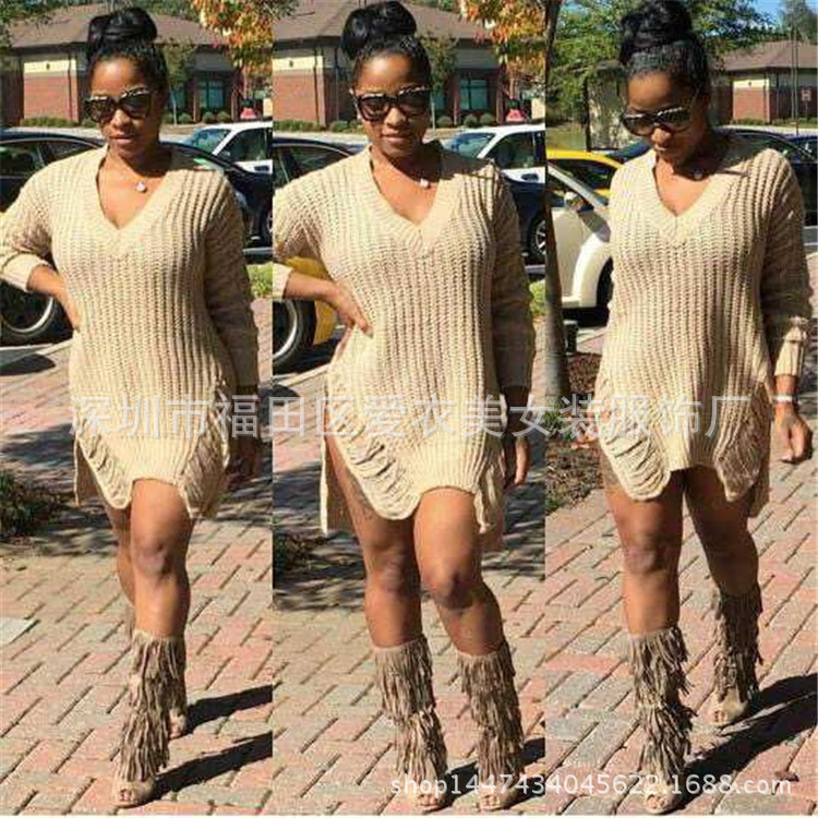 速卖通短袖新款毛衣女连衣裙欧美性感流苏V领纯色套头时尚休闲风