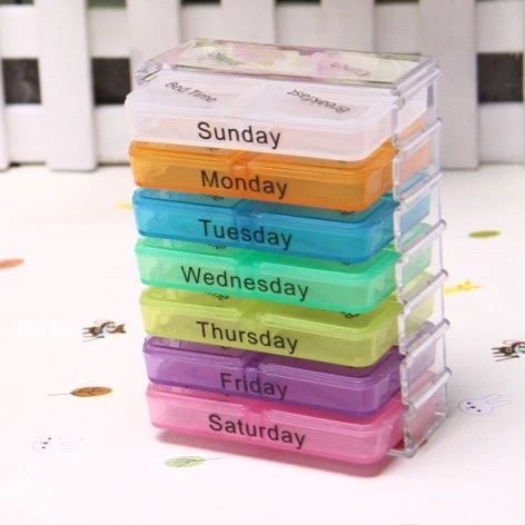 New color 28-compartment colored pill box with hooks, decomposable 4-compartment pill box, drawer-type 28-compartment plastic pill box