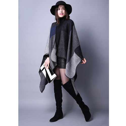 Autumn and winter scarf versatile plaid ladies travel shawl imitation cashmere European and American foreign trade ethnic style slit thickened cloak