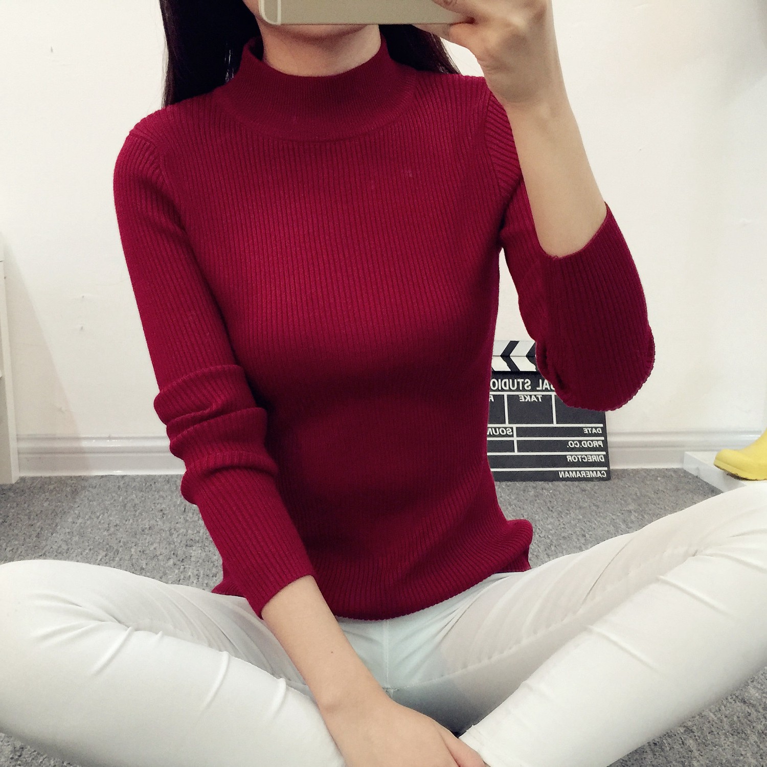 秋冬新款韩版女士半高领毛衣打底衫女长袖套头加厚修身显瘦针织衫