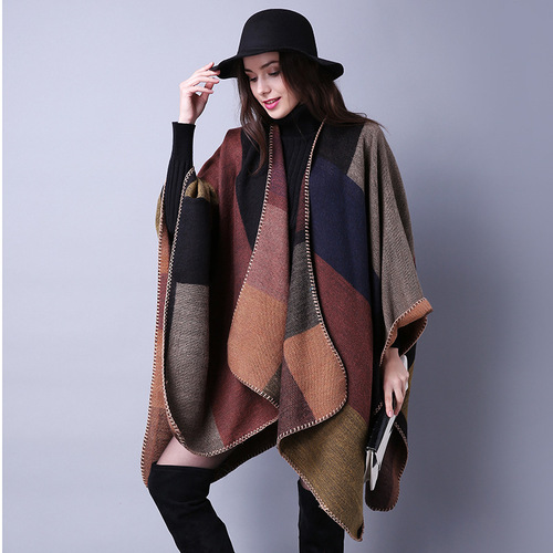 Autumn and winter scarf versatile plaid ladies travel shawl imitation cashmere European and American foreign trade ethnic style slit thickened cloak