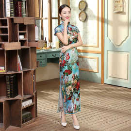 真丝复古经典蚕丝喷绘弹力缎修身双层长旗袍CZ0006