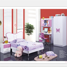 广东板式成套粉色女孩儿童床 亮光烤漆家具蝴蝶床头女童床