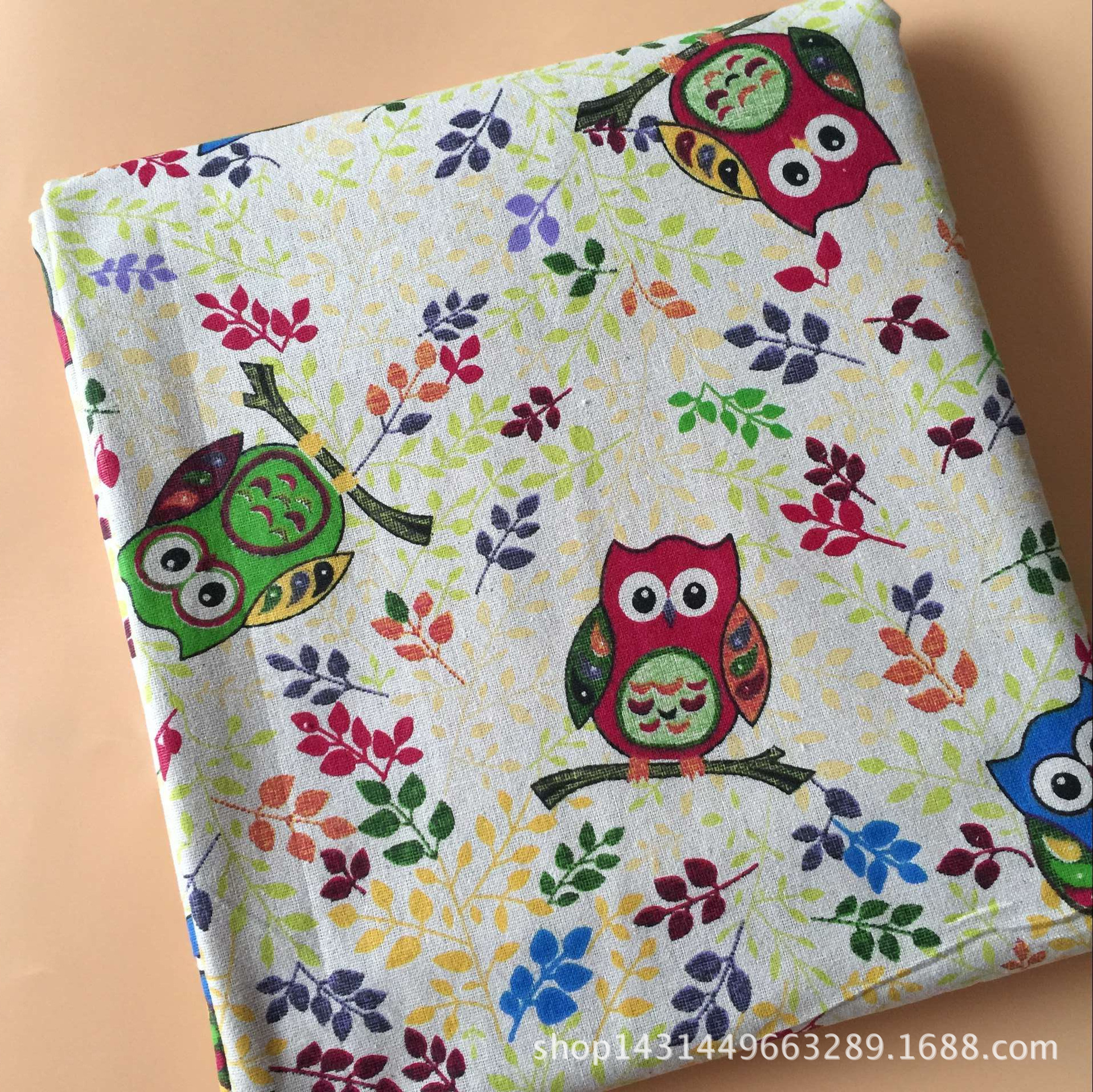 厂家直销 亚麻面料 麻布印花 树枝猫头鹰 可用做窗帘 桌布 沙发