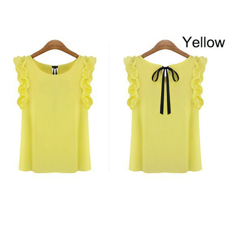 Supply cross-border summer new European and American women's ruffle sleeve bow strap chiffon shirt round neck solid color top for women