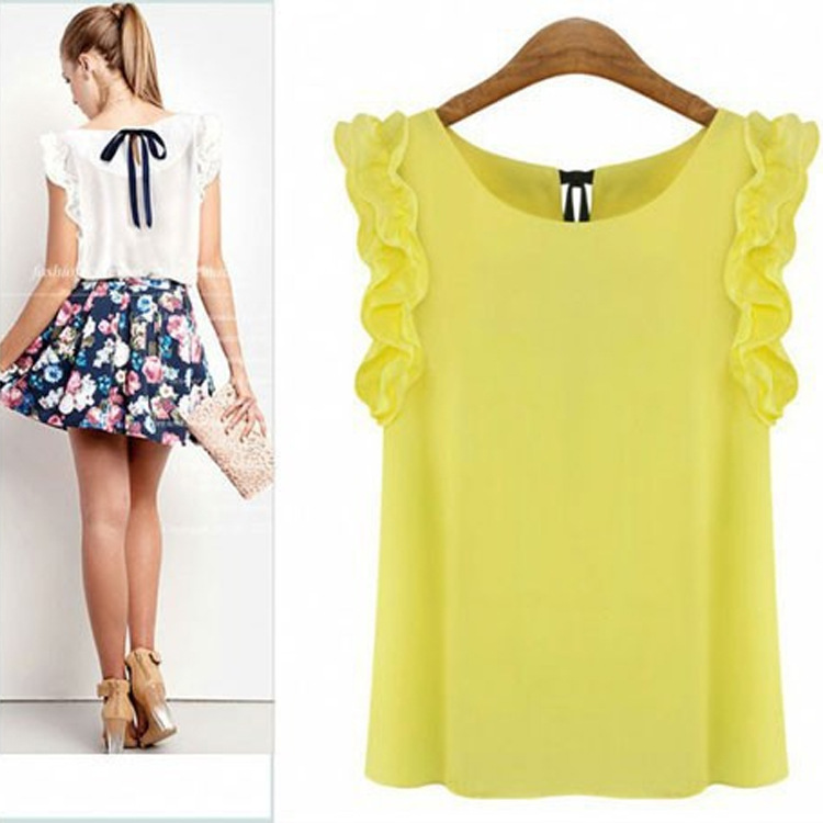 Supply cross-border summer new European and American women's ruffle sleeve bow strap chiffon shirt round neck solid color top for women